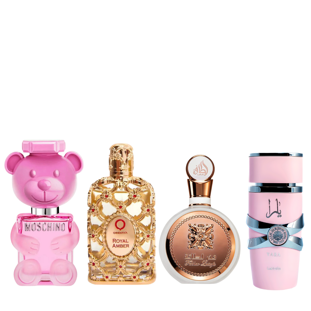 Promotion Achetez-en 1, obtenez-en 4 - Lattafa Yara, Fakhar, Royal Amber et Toy 2 Bubble Gum Moschino - 50 ml chacun - WARM UP BLACK FRIDAY !